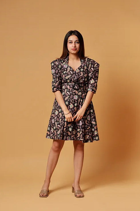 Myra Black Printed Midi Dress With Belt